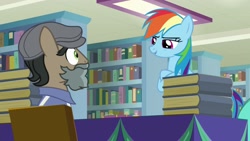 Size: 1920x1080 | Tagged: safe, derpibooru import, screencap, doctor caballeron, rainbow dash, pegasus, pony, daring doubt, book, bookshelf, groom q.q. martingale