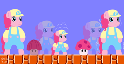 Size: 2700x1400 | Tagged: safe, artist:phallen1, pinkie pie, earth pony, pony, growth, muffin, mushroom, newbie artist training grounds, shrinking, super mario bros., super mario bros.: the lost levels, super mushroom