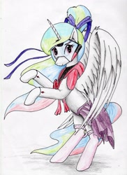 Size: 2455x3378 | Tagged: safe, artist:40kponyguy, derpibooru exclusive, princess celestia, alicorn, pony, bipedal, bow, clothes, crossover, cute, hair bow, looking at you, moldiver, simple background, skirt, solo, stockings, superhero celestia, traditional art, white background