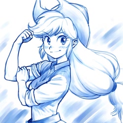 Size: 900x900 | Tagged: safe, artist:kosukegawa, applejack, equestria girls, cowboy hat, cute, female, flexing, hat, jackabetes, looking at you, monochrome, rosie the riveter, solo, we can do it!