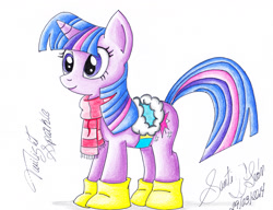 Size: 3129x2401 | Tagged: safe, artist:santi-dleon, derpibooru import, twilight sparkle, winter wrap up, boots, clothes, saddle, scarf, solo, traditional art