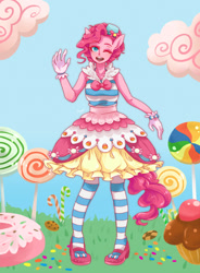 Size: 1024x1391 | Tagged: safe, artist:buryooooo, pinkie pie, anthro, candy, clothes, dress, gala dress, gloves, pony coloring, solo, wink