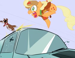 Size: 1300x1000 | Tagged: source needed, safe, artist:silence, applejack, gummy, pinkie pie, winona, earth pony, pony, broken glass, car, clothes, fusion, gunshot, jumping, open mouth, smiling, van, wat