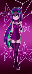 Size: 752x1700 | Tagged: safe, artist:nekojackun, aria blaze, equestria girls, alternate hairstyle, ariabetes, backless, clothes, cute, female, loose hair, open-back sweater, sleeveless, sleeveless sweater, socks, solo, stockings, sweater, sweater dress, thigh highs, virgin killer sweater