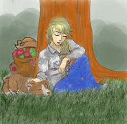 Size: 720x700 | Tagged: safe, artist:cardiax13, applejack, winona, human, apple, humanized, tree