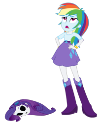 Size: 1323x1631 | Tagged: safe, derpibooru import, edit, rainbow dash, rarity, equestria girls, bodysuit, disguise, disgusted, impersonating, mask, masking, poor rainbow dash