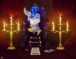 Size: 2269x1762 | Tagged: safe, artist:mirtalimeburst, rarity, pony, unicorn, alternate hairstyle, candle, chandelier, crossover, feather, female, ink, looking at you, magic, mare, paper, quill, rarifort, solo, the count of monte cristo, the count of monte rainbow, villefort