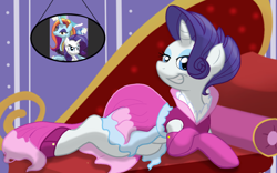 Size: 1600x1000 | Tagged: safe, artist:theroyalprincesses, rarity, pony, unicorn, alternate hairstyle, clothes, dress, evening gloves, female, gloves, grin, happy, long gloves, looking at you, mare, photo, smiling, smirk, sofa, solo