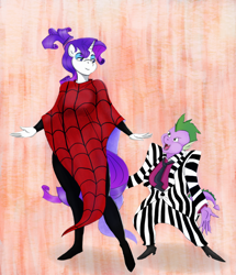 Size: 1100x1280 | Tagged: safe, artist:amaraburrger, artist:cabrony, color edit, edit, rarity, spike, anthro, dragon, beetlejuice, breasts, clothes, colored, cosplay, costume, female, lydia, lydia deetz, male, shipping, sparity, straight