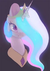 Size: 844x1200 | Tagged: safe, artist:lonelycross, princess celestia, alicorn, pony, bust, cute, cutelestia, female, glow, glowing mane, gray background, hair over one eye, mare, portrait, simple background, smiling, solo