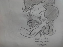 Size: 2560x1920 | Tagged: safe, artist:jofca, pinkie pie, equestria girls, disembodied arm, disembodied hand, eyes closed, hand, holding, laughing, monochrome, traditional art