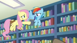 Size: 1920x1080 | Tagged: safe, derpibooru import, screencap, fluttershy, rainbow dash, pegasus, pony, daring doubt, book, bookshelf, saddle bag