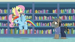 Size: 1920x1080 | Tagged: safe, derpibooru import, screencap, doctor caballeron, fluttershy, rainbow dash, pegasus, pony, daring doubt, book, bookshelf, flying, groom q.q. martingale, saddle bag