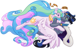 Size: 1516x995 | Tagged: safe, artist:kahootkin, derpibooru import, idw, king sombra, princess celestia, alicorn, pony, unicorn, reflections, spoiler:comic, always, cape, celestibra, clothes, digital art, female, good king sombra, horns are touching, jewelry, looking at each other, male, mare, peytral, regalia, shipping, simple background, smiling, stallion, straight, transparent background