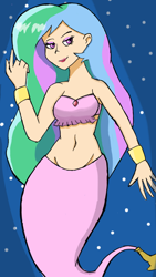 Size: 720x1280 | Tagged: safe, artist:anonymous, derpibooru exclusive, princess celestia, human, belly button, genie, geniefied, humanized, lamp, midriff, solo