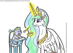 Size: 1024x742 | Tagged: safe, artist:artistnjc, princess celestia, spike, alicorn, dragon, pony, baby spike, feeding, highchair, magic, momlestia, open mouth, simple background, sitting, smiling, spread wings, telekinesis, traditional art, white background