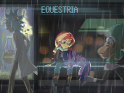 Size: 4000x3000 | Tagged: safe, artist:emerald-light, sunset shimmer, twilight sparkle, twilight sparkle (alicorn), alicorn, human, pony, robot, equestria girls, adventure time, backpack, bill cipher, crossover, fallout, female, gravity falls, high res, infinity train, mare, nuka cola, nuka cola quantum, rain, rick and morty, rick sanchez, sleeping, snail, tulip (infinity train)