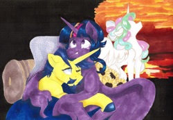 Size: 1106x768 | Tagged: safe, artist:frozensoulpony, comet tail, princess celestia, twilight sparkle, twilight sparkle (alicorn), alicorn, pony, cometlight, crying, male, older, one eye closed, shipping, spread wings, straight, sunflower, traditional art