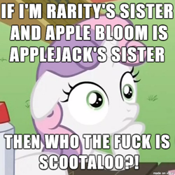 Size: 500x500 | Tagged: safe, apple bloom, rarity, scootaloo, sweetie belle, pony, unicorn, exploitable meme, female, filly, horn, image macro, meme, obligatory pony, op is a cuck, question, sisters, solo, sudden clarity sweetie belle, text, two toned mane, vulgar, white coat, wide eyes