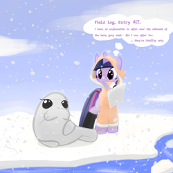 Size: 900x900 | Tagged: safe, artist:firgof, derpibooru import, twilight sparkle, seal, boots, clothes, comic, snow, snowfall, winter, winter outfit