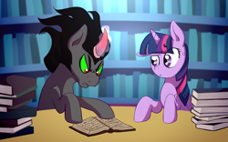 Size: 1355x843 | Tagged: safe, artist:patty-plmh, derpibooru import, king sombra, twilight sparkle, twilight sparkle (alicorn), alicorn, pony, unicorn, book, fanfic in the description, female, magic, male, mare, shipping, spanish, stallion, story included, straight, translated in the description