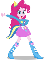 Size: 9000x12000 | Tagged: safe, artist:caliazian, pinkie pie, equestria girls, equestria girls (movie), .ai available, absurd resolution, balloon, boots, canterlot high, clothes, fake tail, helping twilight win the crown, high heel boots, long hair, looking at you, open mouth, pony ears, pose, school spirit, simple background, skirt, smiling, solo, transparent background, vector, wondercolts