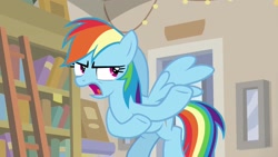 Size: 1920x1080 | Tagged: safe, derpibooru import, screencap, rainbow dash, pegasus, pony, daring doubt, bookshelf, ladder, solo