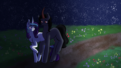 Size: 1920x1080 | Tagged: safe, artist:itssopanda, derpibooru import, king sombra, oc, oc:crystal dawn, pony, unicorn, canon x oc, female, male, mare, night, straight