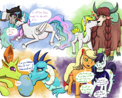 Size: 1280x1024 | Tagged: safe, artist:azurllinate, derpibooru import, applejack, coloratura, king sombra, princess celestia, princess ember, thorax, yona, oc, oc:sol bright, alicorn, changedling, changeling, dragon, earth pony, pony, unicorn, yak, annoyed, appletura, bow, canon x oc, celestibra, changeling x dragon, cloven hooves, crying, egg, embrax, eyes closed, female, folded wings, futurehooves, happy, homosexuality, horns, interspecies, king thorax, kissing, leaning, lesbian, looking at each other, lord ember, male, next gen:futurehooves, older, older yona, on side, ponytail, preglestia, pregnant, rarajack, shipping, size difference, smiling, solna, speech, speech bubble, straight