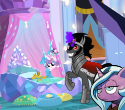 Size: 812x718 | Tagged: safe, artist:andypriceart, derpibooru import, edit, edited screencap, idw, screencap, king sombra, princess flurry heart, radiant hope, alicorn, crystal pony, pony, unicorn, season 9, the beginning of the end, spoiler:comic37, bed, bedroom, crystal ball, dark magic, evil grin, female, filly, grin, grogar's orb, magic, open mouth, radiant hope is indifferent to your misery, reaction image, smiling, telekinesis, unamused, upset