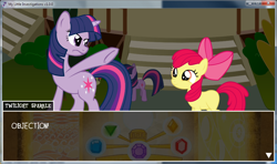 Size: 976x578 | Tagged: safe, derpibooru import, screencap, apple bloom, twilight sparkle, my little investigations, objection, parody