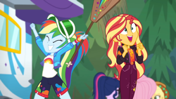 Size: 1280x720 | Tagged: safe, derpibooru import, screencap, applejack, fluttershy, rainbow dash, sci-twi, sunset shimmer, twilight sparkle, better together, equestria girls, sunset's backstage pass!, accidental innuendo, accidental spanking, backstage pass, grin, happy, logo, paddle, smiling