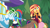 Size: 1280x720 | Tagged: safe, derpibooru import, screencap, applejack, fluttershy, rainbow dash, sci-twi, sunset shimmer, twilight sparkle, better together, equestria girls, sunset's backstage pass!, accidental spanking, backstage pass, grin, happy, logo, out of context, paddle, rainbow dash's paddle, smiling