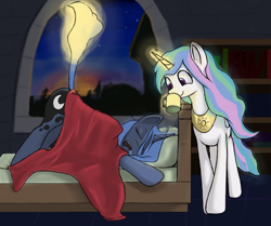 Size: 1269x1060 | Tagged: safe, artist:sv37, princess celestia, princess luna, alicorn, pony, bed, blanket, coffee, coffee mug, drool, eyes closed, levitation, magic, moonbutt, morning ponies, mug, night, open mouth, pillow, royal sisters, s1 luna, sillestia, silly, sleeping, smiling, stars, tail, tail pull, telekinesis