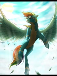 Size: 1024x1366 | Tagged: safe, artist:bootsdotexe, derpibooru import, rainbow dash, pegasus, pony, clothes, female, flying, goggles, mare, solo, spread wings, uniform, wings, wonderbolts, wonderbolts uniform