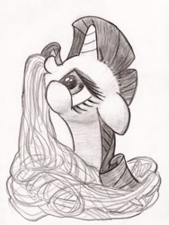 Size: 1576x2095 | Tagged: safe, artist:shoeunit, rarity, pony, unicorn, eating, food, monochrome, pasta, solo, spaghetti, traditional art