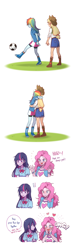 Size: 1096x3660 | Tagged: safe, artist:dcon, derpibooru import, applejack, pinkie pie, rainbow dash, twilight sparkle, equestria girls, equestria girls (movie), appledash, applejack's hat, ball, blushing, boots, bow, bowtie, clothes, comic, compression shorts, cowboy hat, denim skirt, dialogue, exclamation point, female, football, freckles, grass, hat, heart, hug, implied kissing, kicking, lesbian, omg, open mouth, parody, pointing, scene parody, shipping, shirt, shoes, shorts, simple background, skirt, smiling, sports, stetson, watching, white background, wristband
