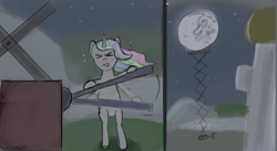 Size: 2012x1099 | Tagged: safe, artist:sv37, princess celestia, alicorn, pony, bipedal, bipedal leaning, eyes closed, full moon, leaning, mare in the moon, moon, moon work, night, open mouth, solo, stars, sweat, sweatdrops