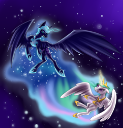 Size: 2181x2255 | Tagged: safe, artist:ellen124, nightmare moon, princess celestia, alicorn, pony, fight, floppy ears, flying, glowing horn, gritted teeth, magic, spread wings, stars