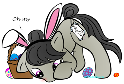 Size: 1892x1284 | Tagged: safe, artist:zomgitsalaura, octavia melody, earth pony, pony, basket, blushing, bunny ears, cutie mark, dialogue, easter, egg, simple background, solo, transparent background