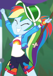 Size: 434x621 | Tagged: safe, derpibooru import, screencap, rainbow dash, better together, equestria girls, sunset's backstage pass!, cap, clothes, cropped, cute, dashabetes, eyes closed, grin, hat, jacket, rainbow, raised arms, shirt, shorts, smiling, solo, t-shirt, wristband