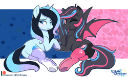 Size: 3129x1887 | Tagged: safe, artist:xwhitedreamsx, oc, oc only, oc:neon darksky, oc:stardust stellar, bat pony, pony, unicorn, blushing, clothes, commission, cute, cute little fangs, duo, duo female, fangs, female, holding hooves, looking at you, one eye closed, patreon, patreon logo, plot, socks, thigh highs, wavy mouth, wink