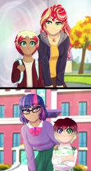 Size: 651x1228 | Tagged: safe, artist:miamaha, sci-twi, sunset shimmer, twilight sparkle, oc, oc:astral dusk, oc:terra rosa, human, equestria girls, cute, geode of empathy, geode of telekinesis, humanized, magical geodes, offspring, parent:quarter hearts, parent:sunset shimmer, parent:timber spruce, parent:twilight sparkle, parents:sunsethearts, parents:timbertwi