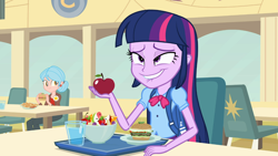 Size: 1366x768 | Tagged: safe, derpibooru import, screencap, twilight sparkle, equestria girls, animation error, apple, background human, cafeteria, face, lip bite