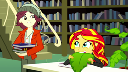 Size: 1280x720 | Tagged: safe, screencap, normal norman, sunset shimmer, epic fails (equestria girls), eqg summertime shorts, equestria girls, awkward moment, book, concerned, confused, cute, eating, eye contact, female, frown, humans doing horse things, looking at each other, male, nom, shimmerbetes, smiling, sunset wants her old digestive system back