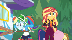 Size: 600x338 | Tagged: safe, derpibooru import, screencap, applejack, fluttershy, rainbow dash, sci-twi, sunset shimmer, twilight sparkle, better together, equestria girls, sunset's backstage pass!, accidental innuendo, accidental spanking, animated, backstage pass, grin, happy, logo, near miss, out of context, paddle, smiling