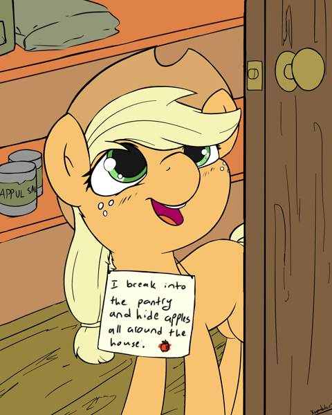 Size: 2000x2500 | Tagged: safe, artist:keeponhatin, applejack, earth pony, pony, applejack's hat, appul, cowboy hat, cute, female, filly, hat, jackabetes, looking up, mare, open mouth, pony shaming, shaming, sign, smiling, solo, that pony sure does love apples, younger