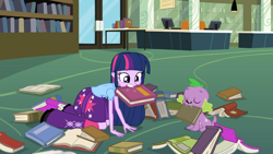 Size: 1366x768 | Tagged: safe, derpibooru import, screencap, spike, twilight sparkle, equestria girls, book