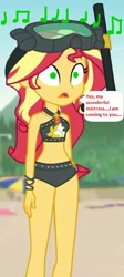 Size: 307x686 | Tagged: safe, edit, edited screencap, editor:thomasfan45, screencap, sunset shimmer, better together, equestria girls, unsolved selfie mysteries, 1000 hours in ms paint, bikini, bikini top, clothes, geode of empathy, hypno eyes, hypnosis, hypnotic music, hypnotized, magical geodes, mistress, music notes, sexy, snorkel, solo, speech bubble, story included, swimsuit