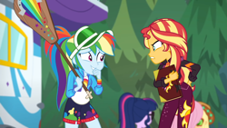 Size: 1280x720 | Tagged: safe, derpibooru import, screencap, applejack, fluttershy, rainbow dash, sci-twi, sunset shimmer, twilight sparkle, better together, equestria girls, sunset's backstage pass!, accidental innuendo, accidental spanking, backstage pass, cute, dashabetes, embarrassed, grin, paddle, rainbow dash's paddle, smiling